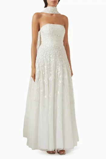 فستان سهرة ليا ديتسي بلا حمالات مزين بكاب ونقشة زهور