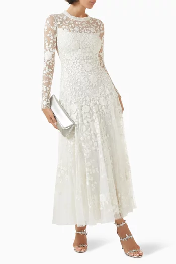 فستان سهرة روزا بفتحة رقبة مستديرة وحافة بطول الكاحل