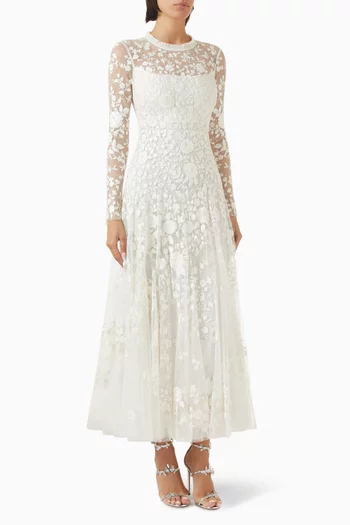 فستان سهرة روزا بفتحة رقبة مستديرة وحافة بطول الكاحل