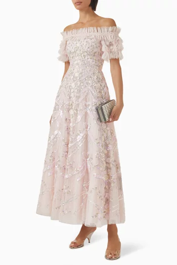 فستان سهرة بحافة بطول الكاحل وأكتاف مكشوفة ونقشة قلوب بأشرطة