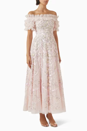 فستان سهرة بحافة بطول الكاحل وأكتاف مكشوفة ونقشة قلوب بأشرطة