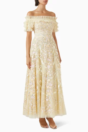 فستان سهرة بحافة بطول الكاحل وأكتاف مكشوفة ونقشة قلوب بأشرطة