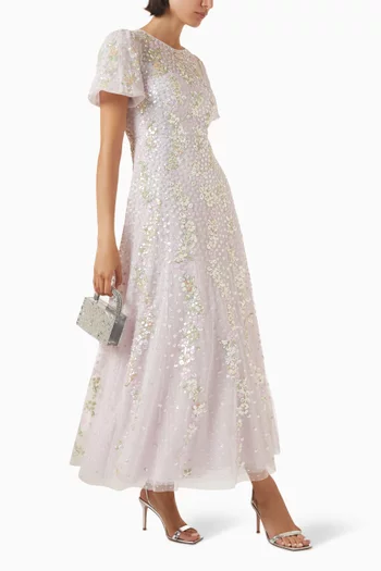 فستان سهرة كونفيتي بحافة بطول الكاحل وفتحة رقبة مستديرة