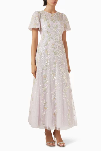 فستان سهرة كونفيتي بحافة بطول الكاحل وفتحة رقبة مستديرة