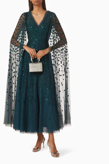 فستان كلوفر بأكمام بنمط كاب وطول الكاحل