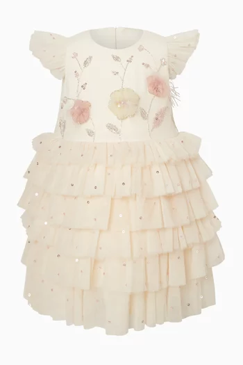 فستان بزهور بارزة مطرزة يدويًا