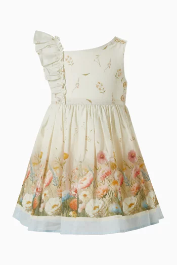 فستان طويل بفتحة رقبة بكتف مكشوف ونقشة زهور ستان