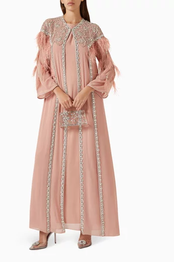 طقم قفطان مزين بالريش