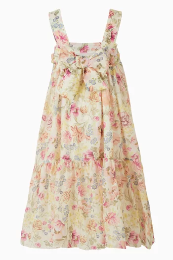 فستان متوسط الطول مزين بالكامل بنقشة زهور 