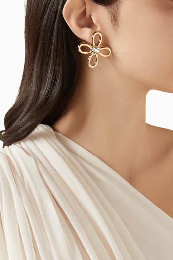 1990s Vintage Crystal Flower Clip Earrings in Gold-plated Metal