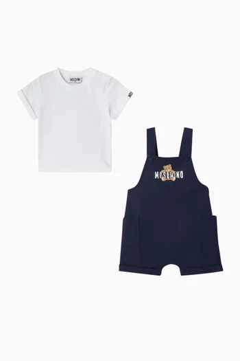 Teddy-print T-shirt & Dungaree Set