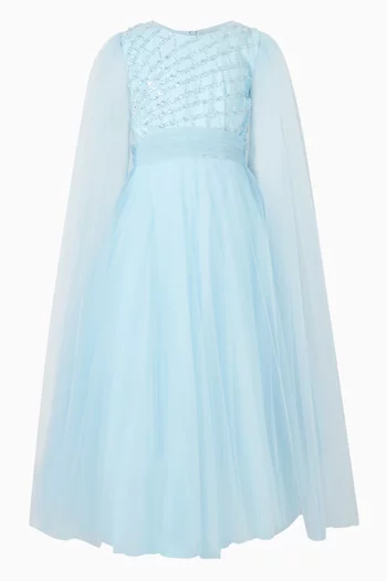 Cape Embellished Maxi Dress in Tulle