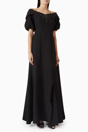 فستان مزين بتطريزات بالخرز كريب