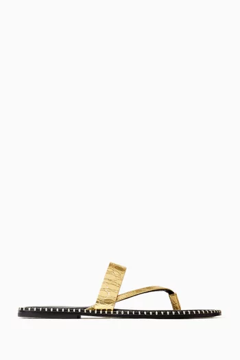 Round Toe Sandals in Croc-embossed Metallic Leather