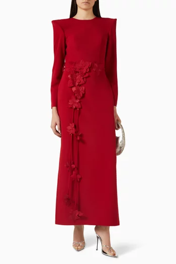 3D Floral-applique Belted Dress