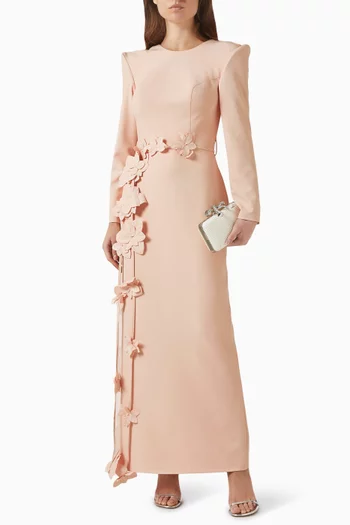 3D Floral-applique Belted Dress