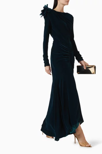 Ruched 3D Floral-applique Dress in Velvet