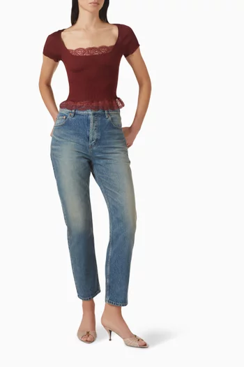 تي شيرت بحواف دانتيل حرير وجيرسيه مضلع