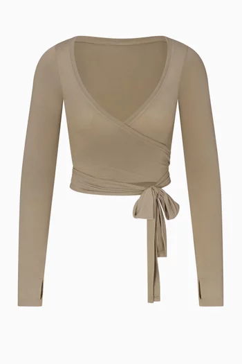 Stretch Knit Wrap Long Sleeve Cropped Top