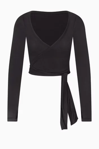 Stretch Knit Wrap Long Sleeve Cropped Top