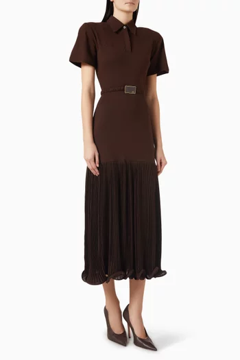 Pleated Skirt Belted Polo Midi Dress