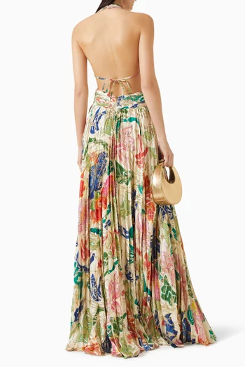 Pleated Floral Print Gown