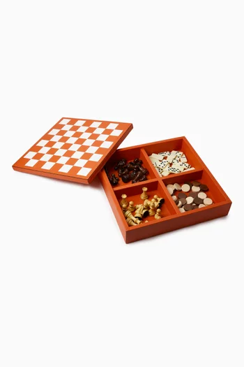 Triple Chess, Draughts & Domino Box in Leather & Wood