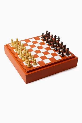 Triple Chess, Draughts & Domino Box in Leather & Wood