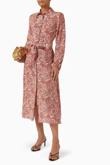 فستان متوسط الطول بنمط قميص بحزام حرير