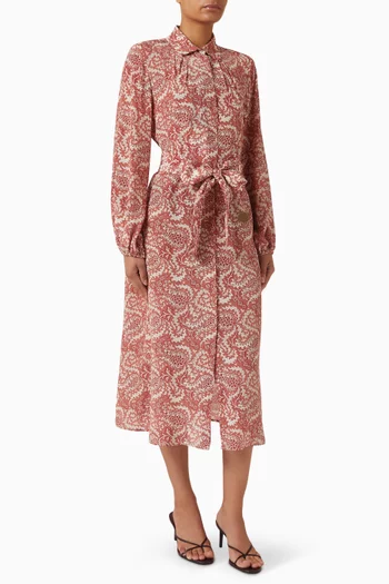 فستان متوسط الطول بنمط قميص بحزام حرير