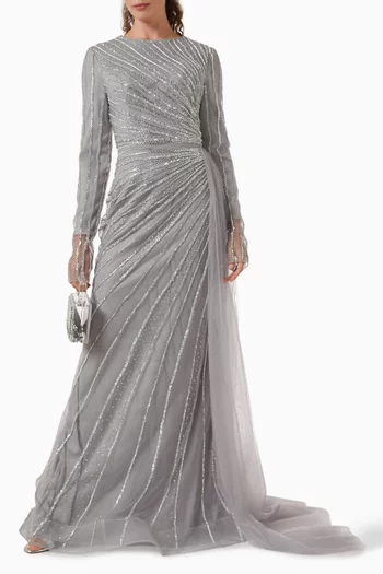 فستان سهرة بنقشة أشعة شمس مطرزة بالخرز