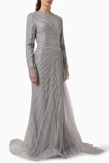 فستان سهرة بنقشة أشعة شمس مطرزة بالخرز