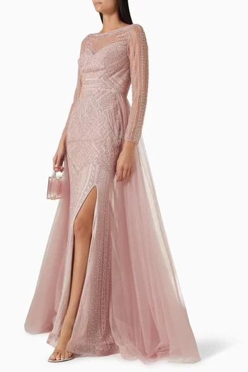 فستان سهرة مطرز بالخرز تول