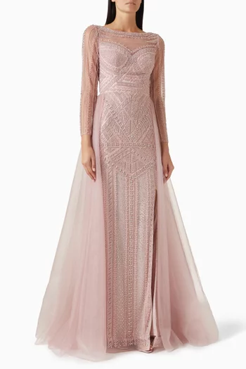 فستان سهرة مطرز بالخرز تول