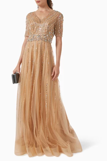 فستان سهرة مطرز بالخرز تول