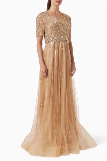 فستان سهرة مطرز بالخرز تول