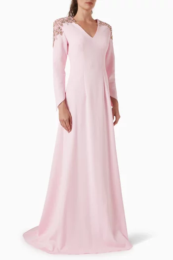 فستان سهرة مزين بتطريزات كريب