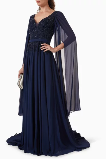 فستان سهرة بكاب وتطريزات بالخرز شيفون