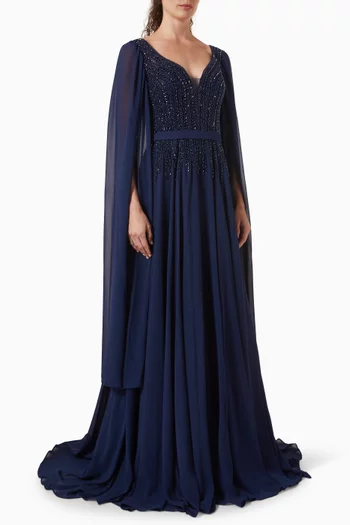 فستان سهرة بكاب وتطريزات بالخرز شيفون