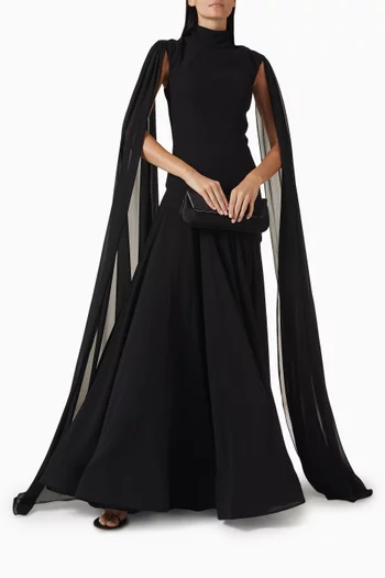 فستان سهرة بكاب وفتحة رقبة بياقة عالية كريب