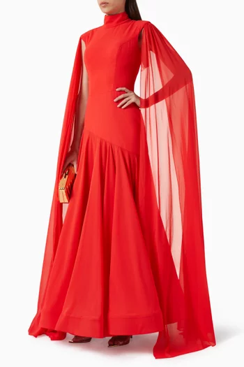 فستان سهرة بكاب وفتحة رقبة بياقة عالية كريب