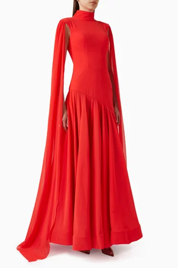 فستان سهرة بكاب وفتحة رقبة بياقة عالية كريب