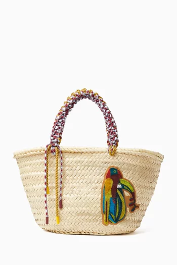 حقيبة تانجو متوسطة بتصميم سلة مزينة برقعة طائر الطوقان وخيوط مكرمية أوراق شجر نخيل