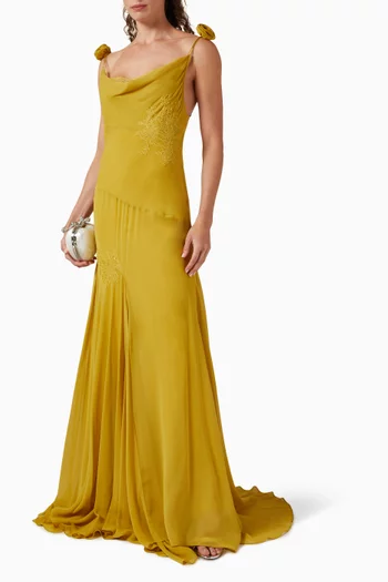 فستان ديا بفتحة رقبة مطوية حرير شيفون