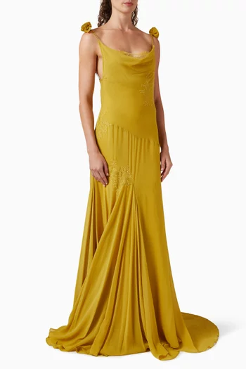 فستان ديا بفتحة رقبة مطوية حرير شيفون