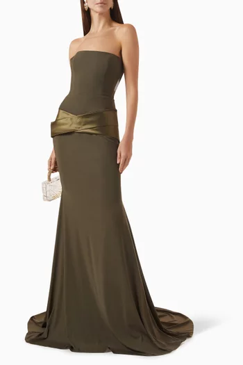 فستان بقصة بلا حمالات ودرابيه قماش شبكي مطاطي