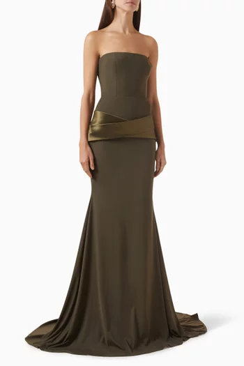 فستان بقصة بلا حمالات ودرابيه قماش شبكي مطاطي