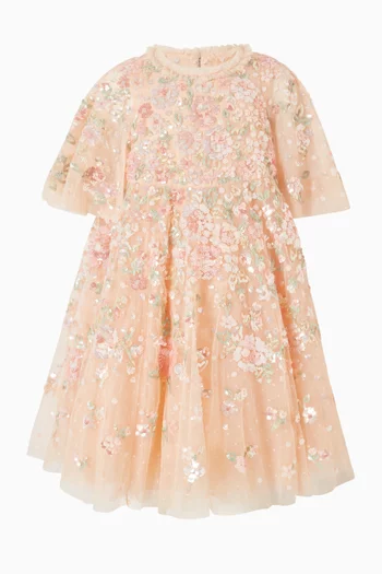 فستان بكاب بنقشة زهور تول مطرز بالترتر 