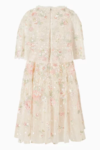 فستان بكاب بنقشة زهور تول مطرز بالترتر