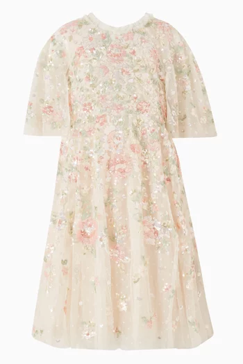 فستان بكاب بنقشة زهور تول مطرز بالترتر